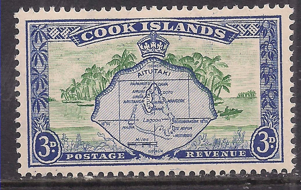 Cook Islands 1949 KGV1 3d Aitutaki & Palm Trees Umm Side Wmk SG 153b ( L444 ) - Image 1 of 1