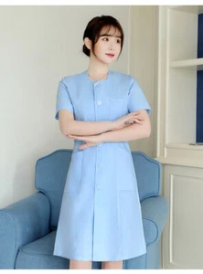 Women Nurse Dress Doctor Beautician Lab Long Collarless Coat Work Clothes - Picture 1 of 7