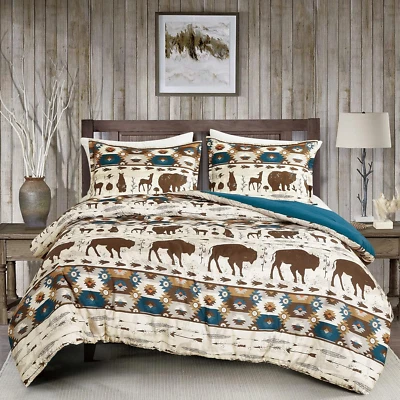 Rustic Country Cabin Southwestern Moose Bear Printed Comforter Queen Size Wester - Image 1 of 4