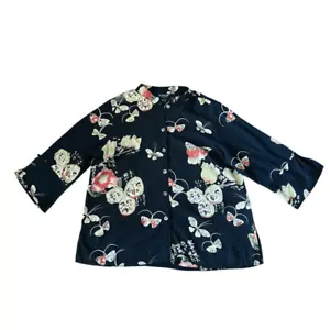 Citron Black Lotus Strawberry Butterfly Print 3/4 Sleeve Silk Blouse Sz 0X - Picture 1 of 6