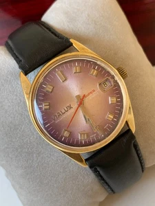 Super orologio Vialux vintage anni 50 quadrante viola placcato oro quadrato data uomo 36mm - Foto 1 di 21