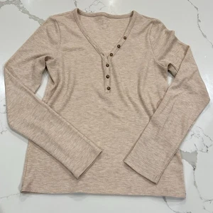 Top acanalado Henley manga larga American Eagle Y2K años 90 para mujer talla L grunge beige - Imagen 1 de 8
