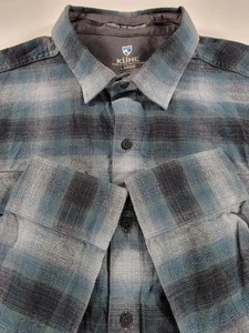 KUHL Flannel Shirt Mens Large Blue Gray Plaid Button Down Stretch 7186 Dillinger - Picture 1 of 13