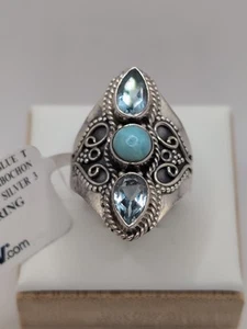JTV PTI 2.40CTW BLUE TOPAZ AND LARIMAR 3-STONE STERLING SILVER RING SIZE 9 - Picture 1 of 7