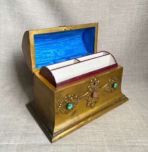 Antigua caja estacionaria de latón dorado renacimiento gótico c1860 cabujón de malaquita - Imagen 1 de 23