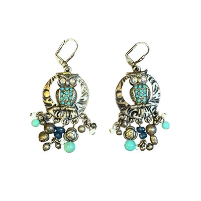 Pendientes colgantes vintage tono plata búho turquesa cuentas palanca trasero boho chic Foto 1 de 4