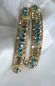 Boho Bracelet Accessories Bangle Blue Sparkle Goldtone Set Of 2 Small Diameter - Picture 1 of 7