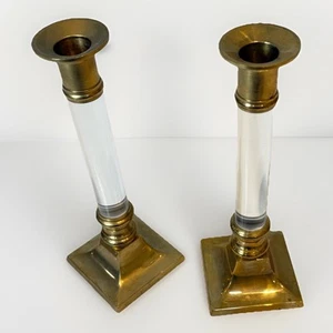 Vintage MCM Brass Lucite Candlestick Holders 9” Tall Set of 2 - Picture 1 of 8