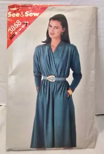 See & Sew Pattern 3858 Misses Mock-wrap Dress 14-16 CUT 1980s Butterick - Picture 1 of 7