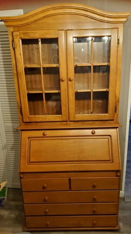 Wooden Glass Cabinet With Pull Down Desk Cover