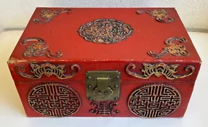 19th Centuey Chinese Red Lacquered Leather Embellished Gilt Box - Picture 1 of 16