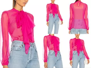 Valentino Silk Blouse Long Sleeve in Shocking Pink Tee T-Shirt Tie Shirt S - Picture 1 of 16