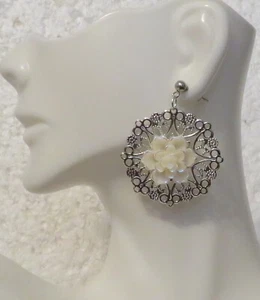 Wedding White Floral - Silver Filigree Background Surgical Steel Stud 1 .5" - Picture 1 of 10