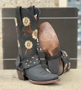 WOMENS WESTERN BOOTS PULL ON COWGIRL BOOT GENUINE LEATHER SQUARED TOE BLACK - Picture 1 of 3