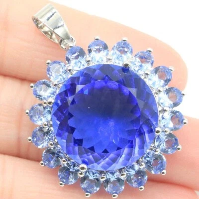 11g Real 925 Solid Sterling Silver Pendant Big Gemstone Violet Tanzanite 38x31mm - Image 1 of 2