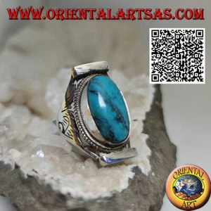 Anello in Argento 925‰ turchese con intreccio su montatura nepalese e incisioni - Imagen 1 de 2