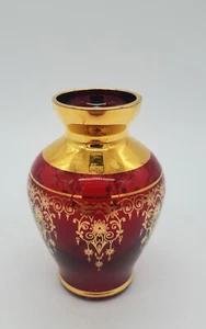 Vintage VECCHIA MURANO VR Art Glass Ruby Red Vase Gold Gilt Floral 4.5" - Picture 1 of 12