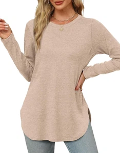 Womens Long Sleeve round Neck Shirts Side Split Basic Loose Tunic Tops Casual 20 - Picture 1 of 12