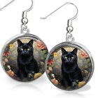 Black Cat Floral Earrings Vintage Art Print Silver Charm Cat Lover Gift