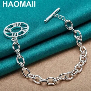 925 Sterling Silver Round Roman Numeral Pendant Chain Bracelet Woman Jewelry - Picture 1 of 6