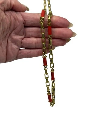 Colar longo robusto BANANA REPUBLIC tom dourado esmalte coral corrente elo preppy - Imagem 1 de 4