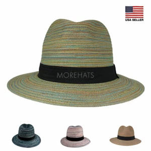 Multi Striped Fedora Ribbon Belt Trim Trilby Summer Beach Sun Straw Panama Hat - Picture 1 of 14