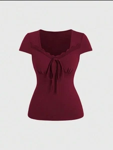 Top de mujer con cuello de encaje borgoña talla 14 - Imagen 1 de 7