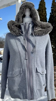 Eddie Bauer Outdoor Hoodie Size Med Grey Removable Faux Fur Hood Jacket Y2K Ski - Image 1 of 4