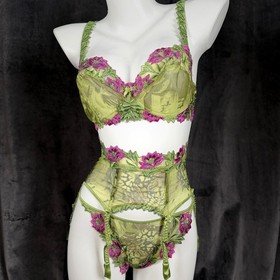 Y2K Lise Charmel Sheer Camo Leopard 3pc Set Garter Fairy Grunge Siren Bombshell