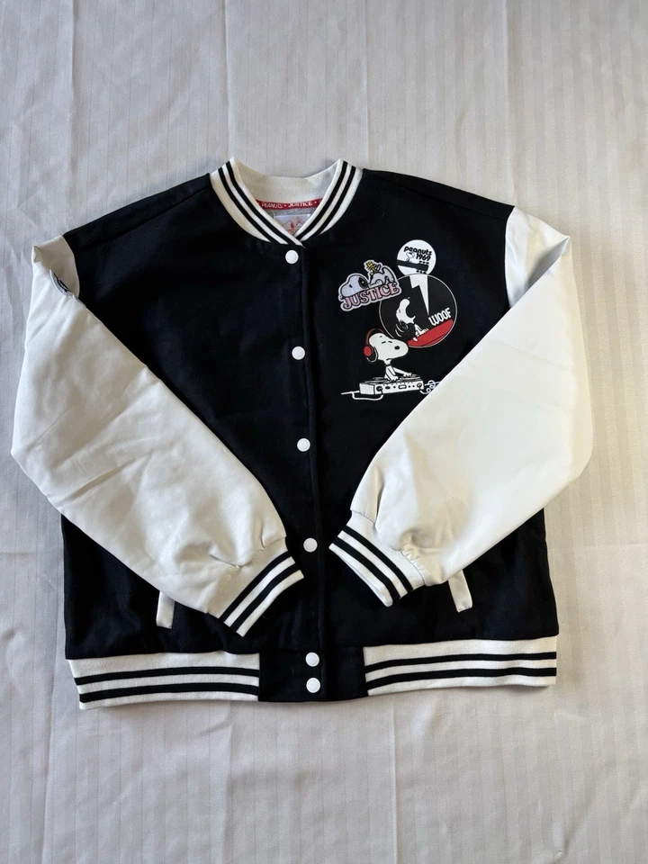 Chaqueta Justice Girl Peanuts Snoop Varsity Road Rara Blanco y Negro Nueva con Etiquetas XL Plus Foto 1 de 4