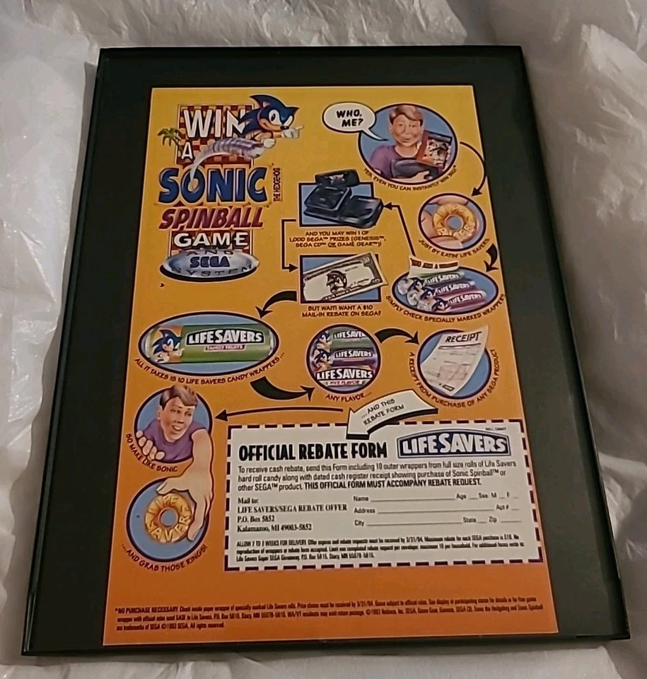 Sonic Spinball Game Lifesaver Rebate Video Game 1994 Print Ad Framed 8.5X11 - Image 1 of 1