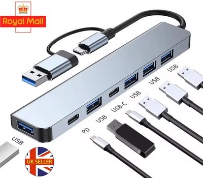 7 in 1 USB Hub Multiport Adapter with 2USB Type C Data Transfer USB Fast Charger - Image 1 of 4