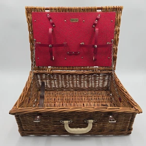 Vintage 1950s Brexton Wicker Picnic Hamper Basket – Red Interior, Leather Straps - Picture 1 of 16