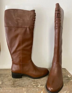 Isaac Mizrahi Wide Calf Leather Riding Boots Lace Detail Leslie Ocre 7.5 New - Picture 1 of 5
