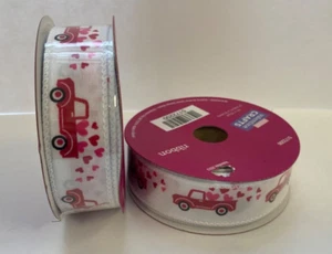 2x Valentine's Day ribbon white with red truck and hearts 1 in x 10 yds - Picture 1 of 1