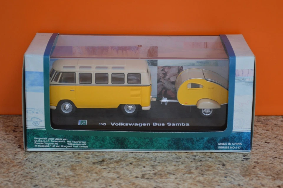 CARARAMA SERIES NO 147 - YELLOW VOLKSWAGON VW BUS SAMBA WITH TRAILER-CAMPER - Image 1 of 1