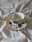 Napco 3 Footed Tea Cup & Saucer Wild Violets Porcelain Floral Set Vintage Dd 239