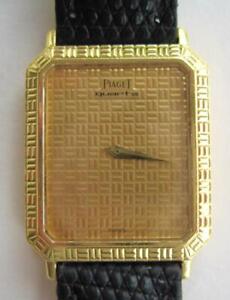 Vintage Piaget Gold Men's Tank Watch 7143 Swiss Quartz 18K Rectangle Black Band