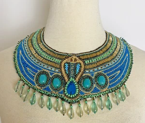 Egyptian Style Statement Necklace Bib Turquoise & Beads Blue Gold Handmade - Picture 1 of 17