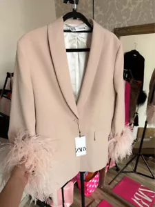 A215 ZARA GERADER NUDE BEIGE BLAZER JACKE MIT FEDERN MANTEL - XXL - Bild 1 von 11
