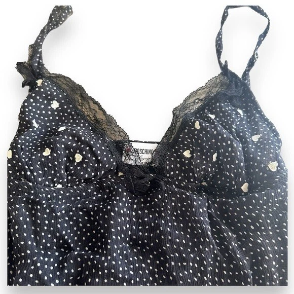 Moschino Chiffon Silk Lace BLK WHT Heart Polka Dot Bustier Cami Top XS or XSS - Image 1 of 4