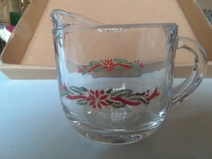 Anchor Hocking "Poinsettia & Ribbons" 3-1/2" Holds 10 Oz Creamer - Picture 1 of 3