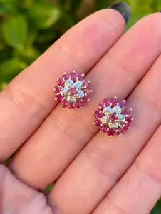 2.00Ct Round Lab Created Ruby & Diamond Cluster Earrings 14K Yellow Gold Plated - Picture 1 of 3