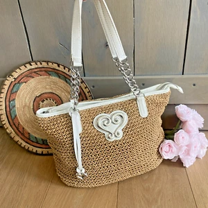 Brighton Gabi Woven Straw White Leather Trim Silver Medium Tote Shoulder Bag - Picture 1 of 23