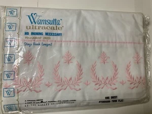 Vintage Wamsutta Ultracale One Sheet Standard Twin Flat. White/Pink Wreath NOS - Picture 1 of 2