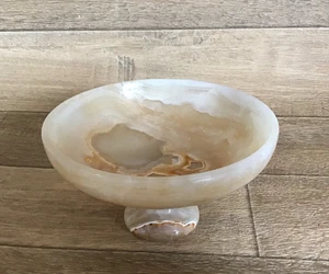 Vintage Marmor Onyx Alabaster dekorative Schüssel mit Fuß 3" Zoll hoch kleiner Chip - Bild 1 von 12