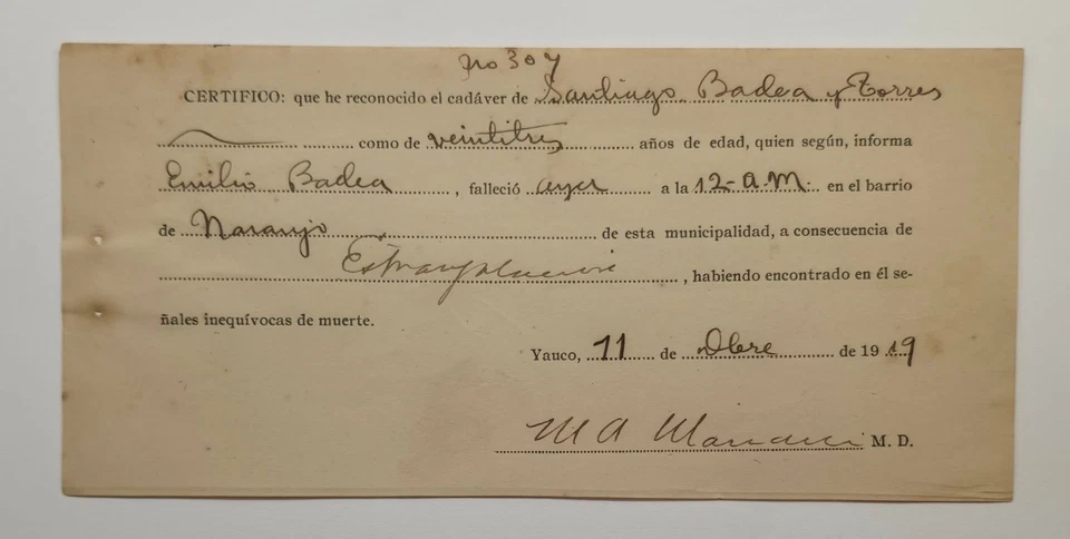 ANTIQUE DEATH CERTIFICATE / STRANGUKATION / YAUCO PUERTO RICO / 1919 #9 - Image 1 of 1