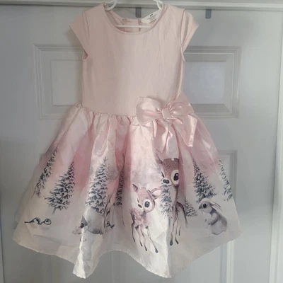 Vestido de vacaciones H&M para niñas EE. UU. 5T/6 forrado ciervo/conejito satinado elástico inferior S/S superior Foto 1 de 3