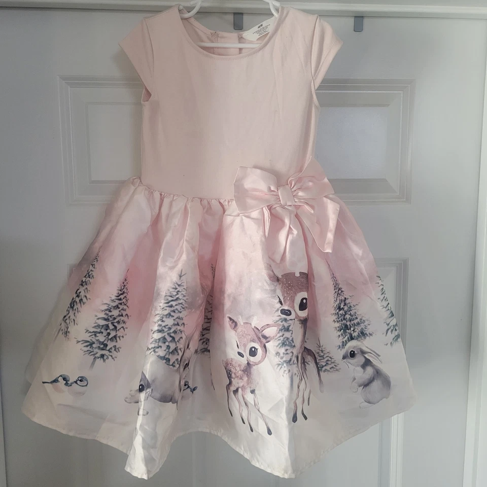 Vestido de vacaciones H&M para niñas EE. UU. 5T/6 forrado ciervo/conejito satinado elástico inferior S/S superior Foto 1 de 3