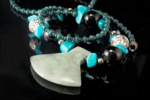 VINTAGE GRÜNE JADE BLAU TÜRKIS ONYX SILBER PERLEN HALSKETTE MR - Bild 1 von 4